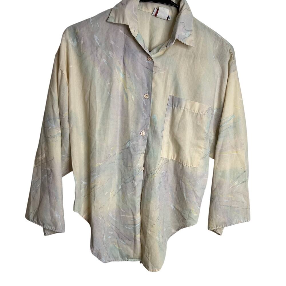 VINTAGE WOMEN'S Pastel 3/4 SLEEVE BUTTON-UP TOP - CINDY COLLINS - S
